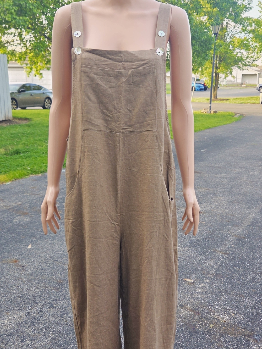 SHEIN Brown Wide-Leg Linen-Blend Jumpsuit with Adjustable Straps